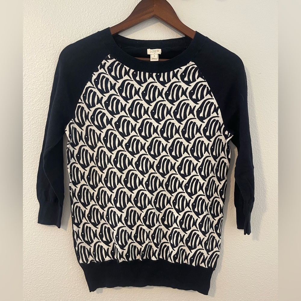 J. Crew Cotton Navy and White Fish Pattern Sweater